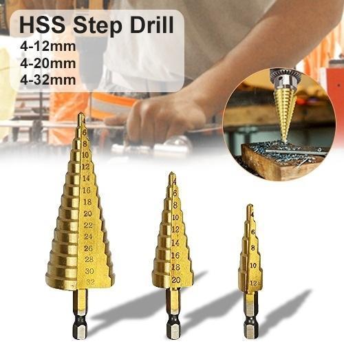 0437 -3X Large HSS Steel Step Cone Drill Titanium Bit Set Hole Cutter (4-32, 4-20, 4-12mm) DeoDap 0437 -3X Large HSS Steel Step Cone Drill Titanium Bit Set Hole Cutter (4-32, 4-20, 4-12mm) DeoDap